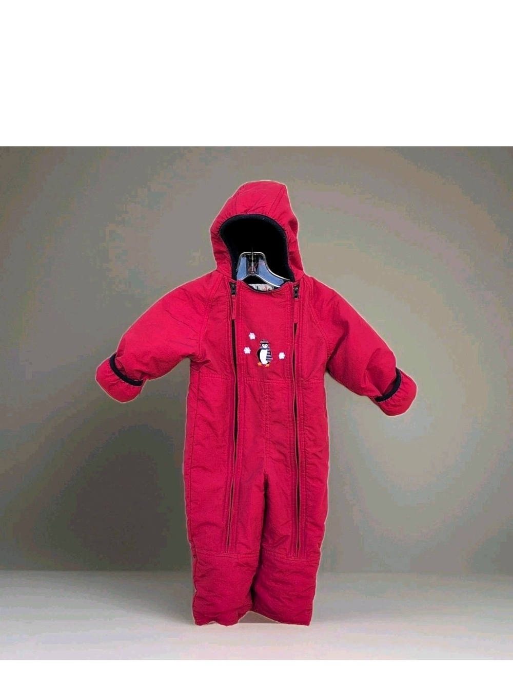Vtg LL Bean Kids Bunting Suit Toddler 2T Red Embroidered Penguin Snow One Piece